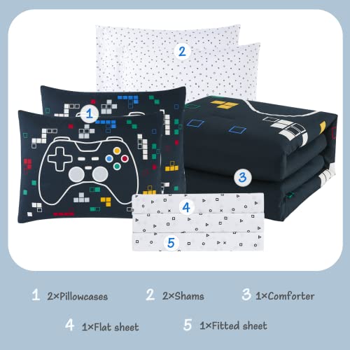 KALEIDOSPACE Gamer Bedding Sets for Boys Girls, Glow in The Dark 7 Piece Bed in a Bag Full, Ultra Soft Microfiber Kids Bedding for All Season (76"X86")