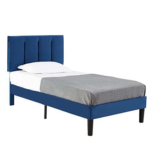 VECELO Twin Size Bed Frame, Upholstered Platform Bedframe, Adjustable Headboard, Wood Slat Support, No Box Spring Needed, Easy Assembly, Blue