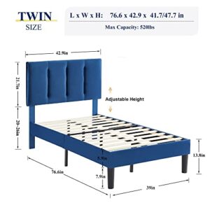 VECELO Twin Size Bed Frame, Upholstered Platform Bedframe, Adjustable Headboard, Wood Slat Support, No Box Spring Needed, Easy Assembly, Blue