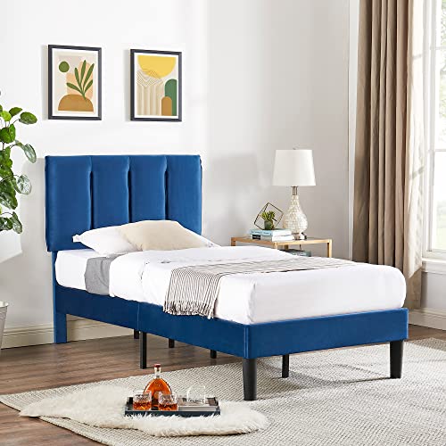 VECELO Twin Size Bed Frame, Upholstered Platform Bedframe, Adjustable Headboard, Wood Slat Support, No Box Spring Needed, Easy Assembly, Blue