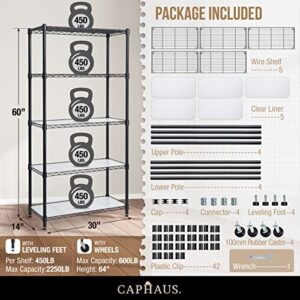 CAPHAUS NSF Commercial Grade Heavy Duty Wire Shelving w/Wheels, Leveling Feet & Liners, Storage Metal Shelf, Garage Shelving Storage, Utility Wire Rack Storage Shelves, w/Liner, 30 x 14 x 64 5-Tier