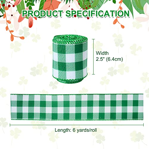 TONIFUL Green and White Wired Burlap Ribbon, 2.5 inch x 6yd, Green Plaid Check Ribbons for St Patrick's Day Decor，Spring Summer Wreath Making, Bows Crafts Gift Wrapping