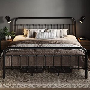 allewie king size metal platform bed frame with victorian style wrought iron-art headboard/footboard, no box spring required，black