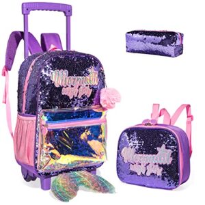 kids rolling kid travel toddler duffle bag mermaid backpack for girls carry on luggage roller computer suitcase with pencil case and lunch box wheels wheeled sequins backpacks gradient purple