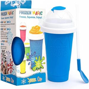 slushie maker cup, homemade squeeze icy quick frozen magic cup slushy with lids and straws for kids & adults (blue)