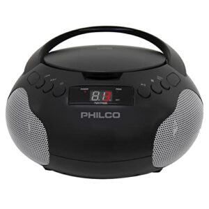 philco portable cd player boombox with speakers and am fm radio | black boom box cd player compatible with cd-r/cd-rw and audio cd | 3.5mm aux input | stereo sound | led display | ac/battery powered