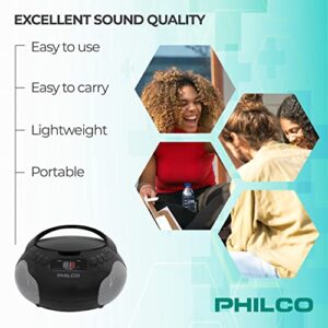 Philco Portable CD Player Boombox with Speakers and AM FM Radio | Black Boom Box CD Player Compatible with CD-R/CD-RW and Audio CD | 3.5mm Aux Input | Stereo Sound | LED Display | AC/Battery Powered
