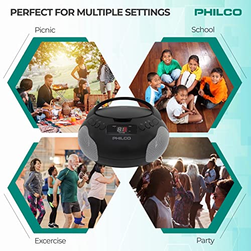 Philco Portable CD Player Boombox with Speakers and AM FM Radio | Black Boom Box CD Player Compatible with CD-R/CD-RW and Audio CD | 3.5mm Aux Input | Stereo Sound | LED Display | AC/Battery Powered