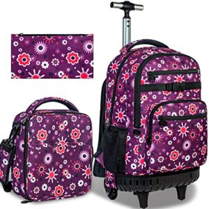 3pcs rolling backpack for women, 19 inches travel roller bookbag with wheels, teen girls college backpacks wheeled - purple