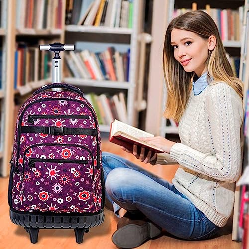 3PCS Rolling Backpack for Women, 19 Inches Travel Roller Bookbag with Wheels, Teen Girls College Backpacks Wheeled - Purple