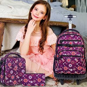 3PCS Rolling Backpack for Women, 19 Inches Travel Roller Bookbag with Wheels, Teen Girls College Backpacks Wheeled - Purple