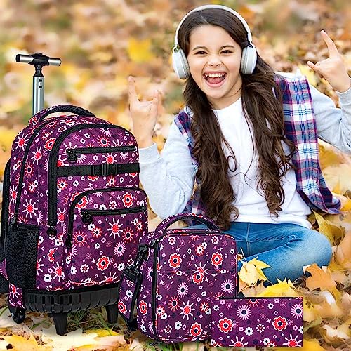 3PCS Rolling Backpack for Women, 19 Inches Travel Roller Bookbag with Wheels, Teen Girls College Backpacks Wheeled - Purple