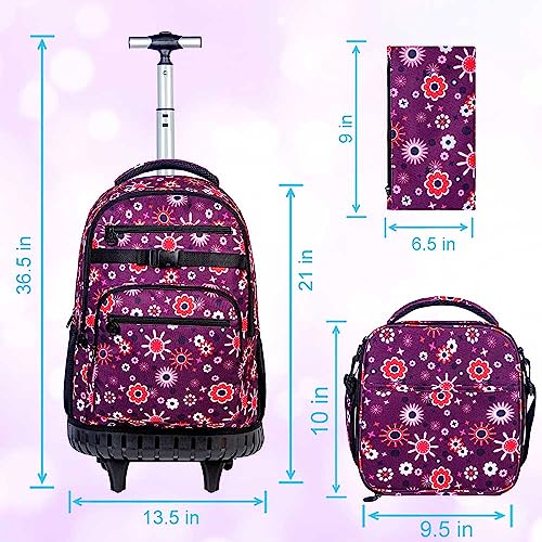 3PCS Rolling Backpack for Women, 19 Inches Travel Roller Bookbag with Wheels, Teen Girls College Backpacks Wheeled - Purple