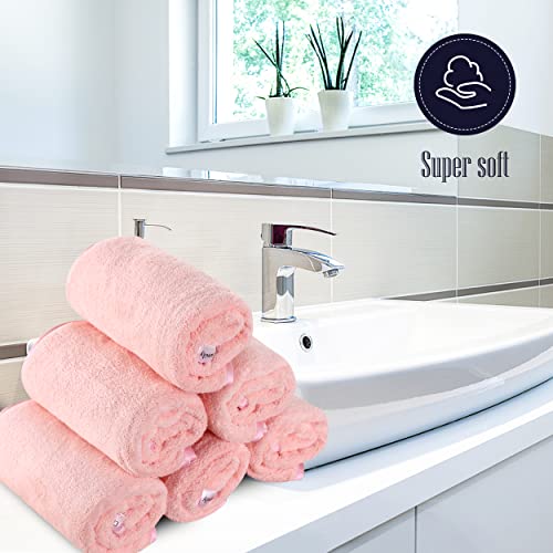 BAMBOO QUEEN Luxury Silk Hemming Hand Towels Sets of 6 - Light Thin Quick Drying - Ultra Soft Microfiber Highly Absorbent Towel for Hotel, Bathroom, Shower, Spa, Hand Towel 16 x 28 inches - Pink