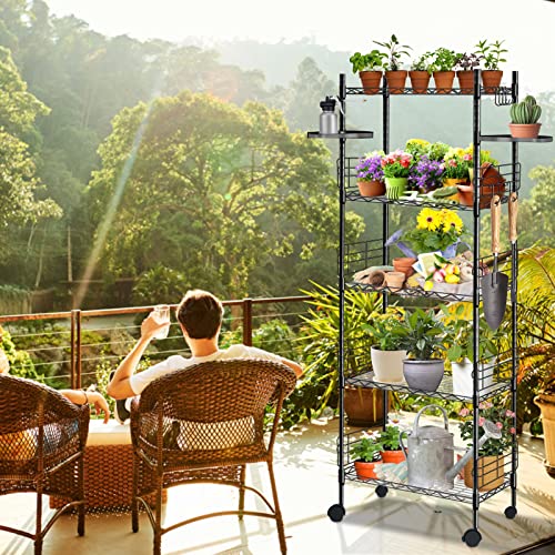 Hestiasko 5 Tier Storage Shelf with 2 Rotatable Shelves, Adjustable Storage Rack with 5 Hooks, Metal Shelf Rack, Standing Shelving Units for Bathroom, Kitchen, Garage[59.1"H x 21.7"W x 11.8"D]-Black