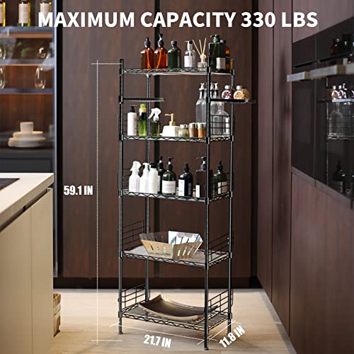 Hestiasko 5 Tier Storage Shelf with 2 Rotatable Shelves, Adjustable Storage Rack with 5 Hooks, Metal Shelf Rack, Standing Shelving Units for Bathroom, Kitchen, Garage[59.1"H x 21.7"W x 11.8"D]-Black