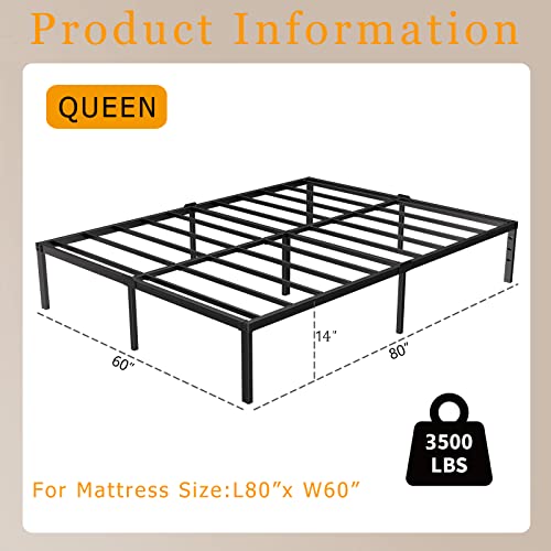 Kilyssa 14 Inch Queen Bed Frame, 3500lbs Heavy Duty Steel Slats Support Metal Platform Bed Frames Noise Free No Box Spring Needed,Black