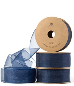 vitalizart navy blue ribbon organza sheer ribbon 1 inch x 30yd in total handmade eco-friendly fabric ribbons for gift wrapping christmas tree crafts bows wedding invitations wreaths wrap