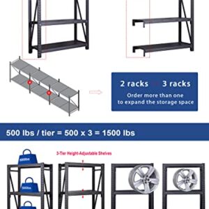 BIBKOK 3-Tier Industrial Shelving Rack, Heavy Duty Workshop Storage Rack, Adjustable Metal Garage Shelf,1500lbs Capacity for Warehouse Basement Storeroom Supermarket