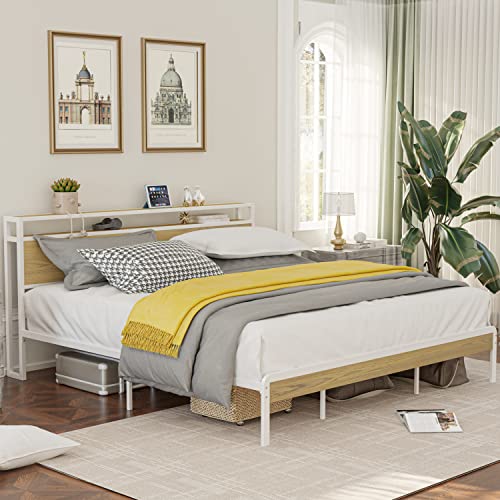 LIKIMIO Queen Bed Frame, Platform Bed Frame with 2-Tier Storage Headboard, Solid and Stable, Noise Free, No Box Spring Needed, Easy Assembly, White and Log