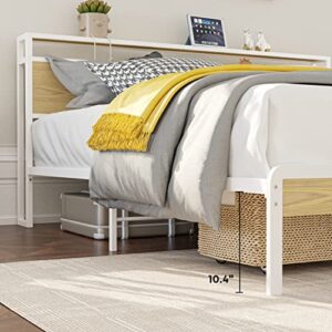 LIKIMIO Queen Bed Frame, Platform Bed Frame with 2-Tier Storage Headboard, Solid and Stable, Noise Free, No Box Spring Needed, Easy Assembly, White and Log