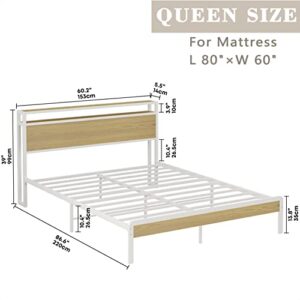 LIKIMIO Queen Bed Frame, Platform Bed Frame with 2-Tier Storage Headboard, Solid and Stable, Noise Free, No Box Spring Needed, Easy Assembly, White and Log