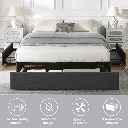 Alohappy Upholstered King Size Platform Bed Frame with 3 Storage Drawers, Mattress Foundation with Wooden Slats Support, Double-Row Support Bars, No Box Spring Needed, Dark Grey
