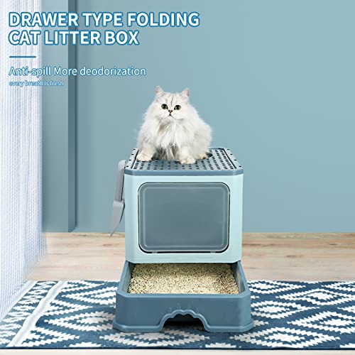 AOSUI Covered Cat Litter Box Extra Large Foldable Litter Box Odor Filter Front Entry Top Exit Litter Box with Lid for Cats, Enclosed Cat Potty with Cat Litter Scoop and Cat Litter Mat Easy Clean