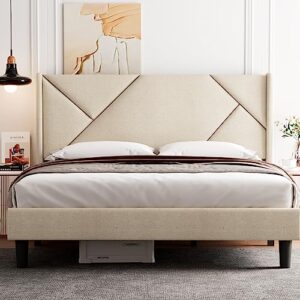 ipormis king size bed frame with geometric wingback, upholstered platform bed frame with headboard, solid wood slats, 8" storage space, no box spring needed, easy assembly, beige