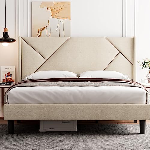 iPormis King Size Bed Frame with Geometric Wingback, Upholstered Platform Bed Frame with Headboard, Solid Wood Slats, 8" Storage Space, No Box Spring Needed, Easy Assembly, Beige