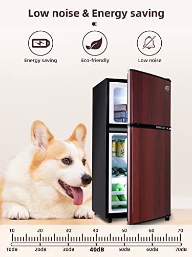 KRIB BLING Compact Refrigerators with Freezer on Top, Mini Fridge with 7- Level Adjustable Thermostat, Small Refrigerator for Apartment, Office, Camping, Wood