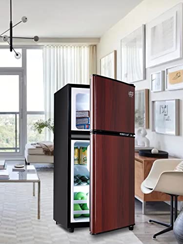 KRIB BLING Compact Refrigerators with Freezer on Top, Mini Fridge with 7- Level Adjustable Thermostat, Small Refrigerator for Apartment, Office, Camping, Wood