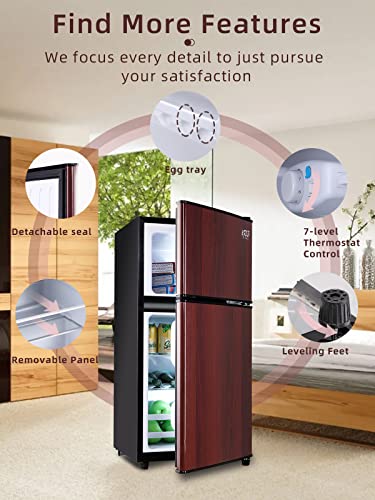 KRIB BLING Compact Refrigerators with Freezer on Top, Mini Fridge with 7- Level Adjustable Thermostat, Small Refrigerator for Apartment, Office, Camping, Wood