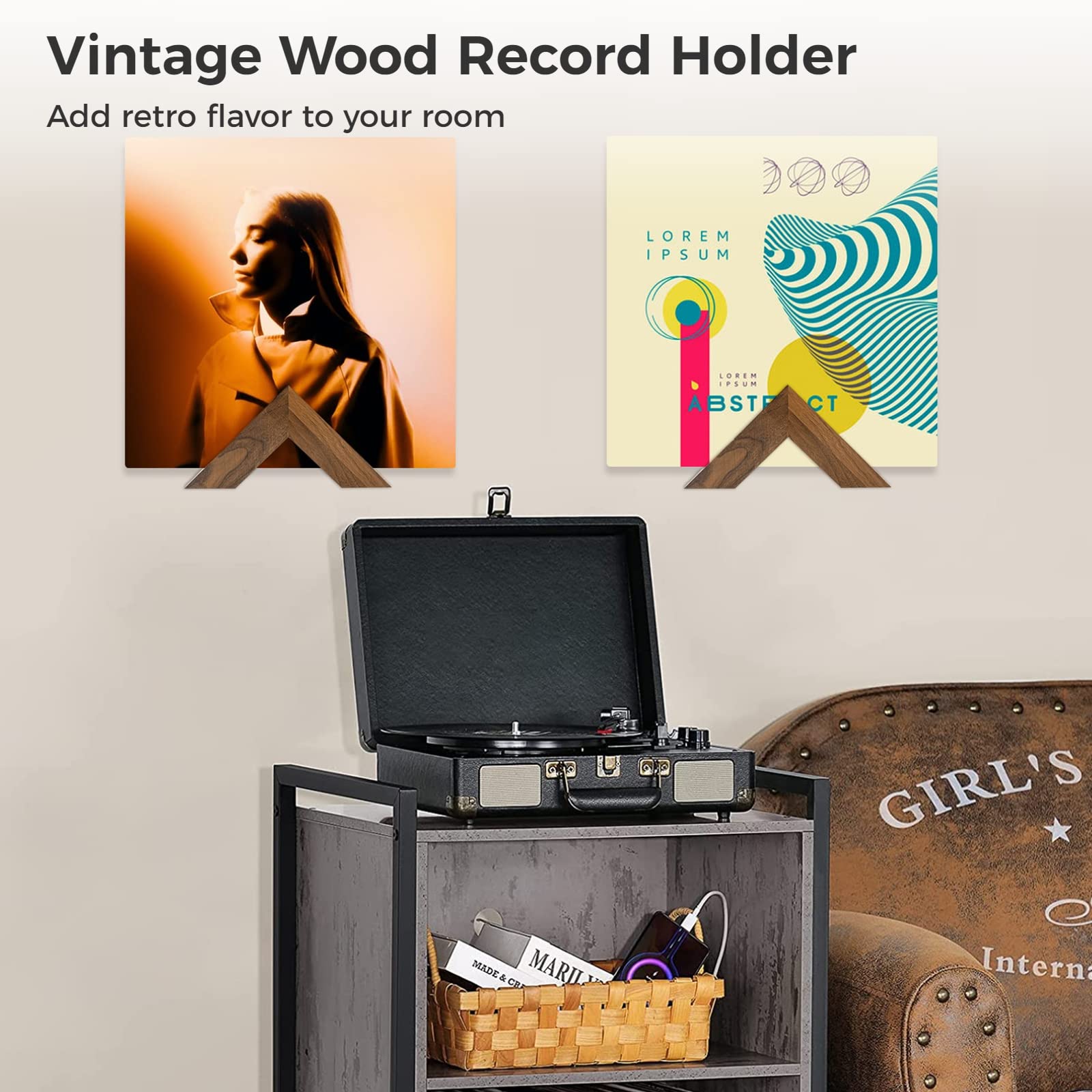 TIMCORR Vinyl Record Holder Set : Vinyl Wall Mount for Record Display, Pine Wood Album Shelf with Sticky Transparent Tapes Hanging on the Wall (Beech Wood Set of 2) (Walnut Wood Set of 2)