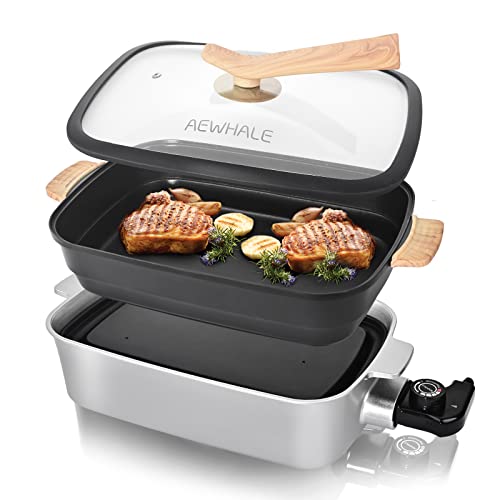 AEWHALE Electric Skillet,Indoor Non-Stick Electric Grill with Removable Plate,1400W Adjustable Temperature Party Griddle for Cooking Meats Seafood Steak Pancake