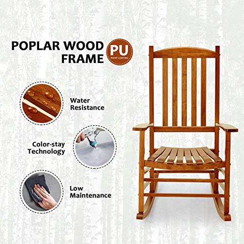 Hupmad Wooden Rocking Chair Rocker Outdoor Oversized Porch Rocker Chair,Patio Wooden Rocker with High Back and Armrest,All Weather Rocker Slatted for Backyard,Garden,400 lbs Support,Natural