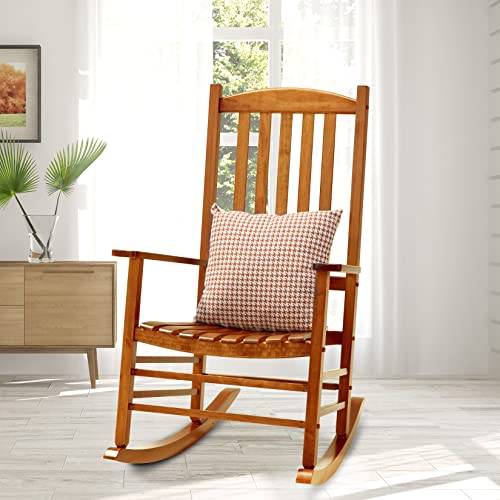 Hupmad Wooden Rocking Chair Rocker Outdoor Oversized Porch Rocker Chair,Patio Wooden Rocker with High Back and Armrest,All Weather Rocker Slatted for Backyard,Garden,400 lbs Support,Natural