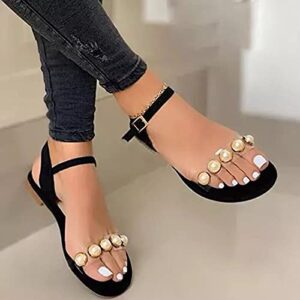 eczipvz Sandals for Women Casual Summer, Women's Flat Sandals Peal Decorated Strap Buckle Sandals Fashion Comfy Sandals Black