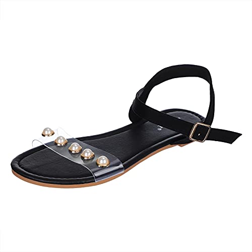 eczipvz Sandals for Women Casual Summer, Women's Flat Sandals Peal Decorated Strap Buckle Sandals Fashion Comfy Sandals Black