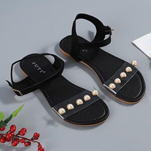 eczipvz Sandals for Women Casual Summer, Women's Flat Sandals Peal Decorated Strap Buckle Sandals Fashion Comfy Sandals Black