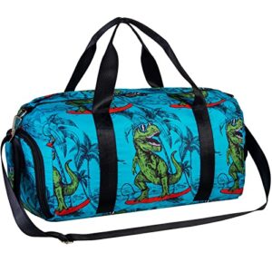 kids duffle bag for travel, boys gym duffel bags with shoe compartment little kid weekender overnight bag sleepover, blue dinosaur