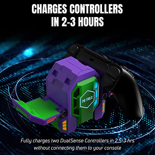 PB Tails LED PS5 Charging Dock - Compact Playstation Controller Charger for Sony PS5 Controller, Fast Dual Charging PS5 Docking Station Hides Messy Cables - Premium Purple & Green PS5 Controller Dock