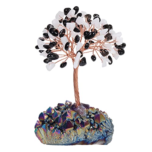 Cheungshing White Jade Black Obsidian Crystal Tree with Rainbow Titanium Crystals Base, Healing Reiki Money Bonsai for Home Office Desk Decor