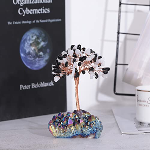 Cheungshing White Jade Black Obsidian Crystal Tree with Rainbow Titanium Crystals Base, Healing Reiki Money Bonsai for Home Office Desk Decor