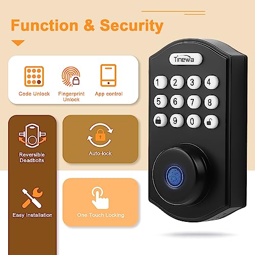 Tinewa Fingerprint Door Lock, Keyless Entry Door Lock, Electronic Keypad Deadbolt, Auto Lock, Anti-Peeking Password, Front Door Handleset for Homes, Apartments, Easy to Install