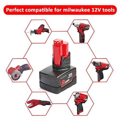 Xinriga 2 Packs M12 12V 9Ah 9000mAh Lithium-ion Replacement Battery for Milwaukee M12 12V Cordless Tool 48-11-2402 48-11-2440 48-11-2411 48-11-2420