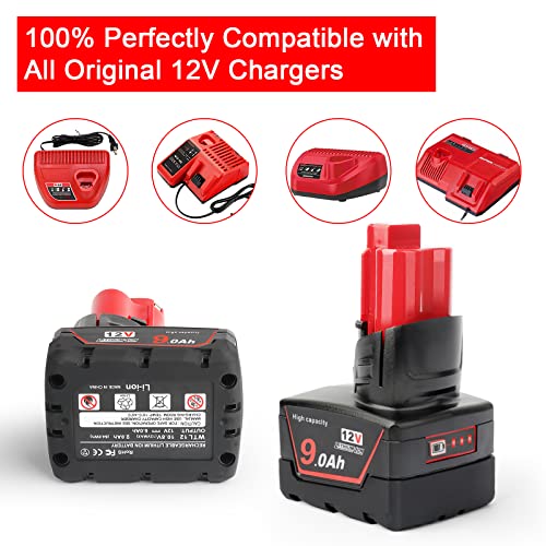 Xinriga 2 Packs M12 12V 9Ah 9000mAh Lithium-ion Replacement Battery for Milwaukee M12 12V Cordless Tool 48-11-2402 48-11-2440 48-11-2411 48-11-2420