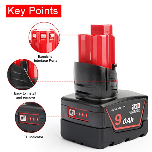 Xinriga 2 Packs M12 12V 9Ah 9000mAh Lithium-ion Replacement Battery for Milwaukee M12 12V Cordless Tool 48-11-2402 48-11-2440 48-11-2411 48-11-2420