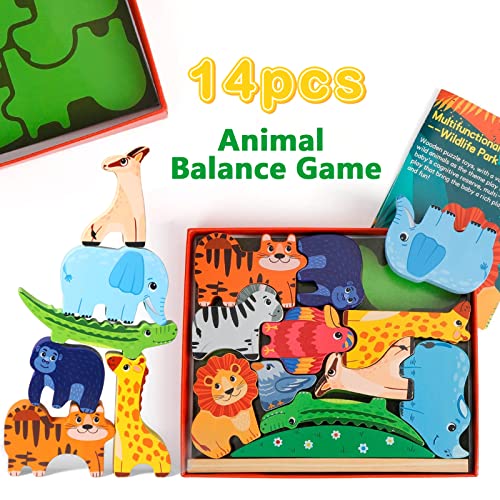 Jade Hare 14 Pcs Wooden Animal Blocks,Stacking Animals Balance Block Toys, Montessori Toys for 3-5 Years Toys Toddlers 1-3 and 2-4 Years Old Boys Girls Birthday Gift Preschool Educational Toys