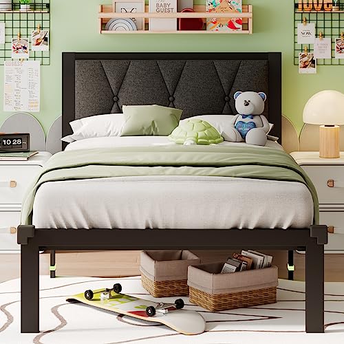 iPormis Twin Metal Platform Bed Frame with Upholstered Headboard, Upgraded Heavy Duty Bed Frame with Steel Slats Support/12 Under Bed Storage, Noise Free, No Box Spring Needed, Dark Gray